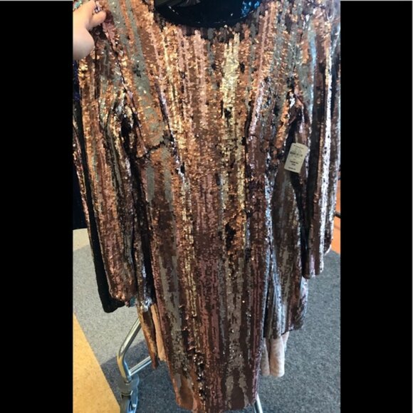 Dress the Population Emery brushstroke gold silver blush midi sequin dress M - Picture 5 of 7